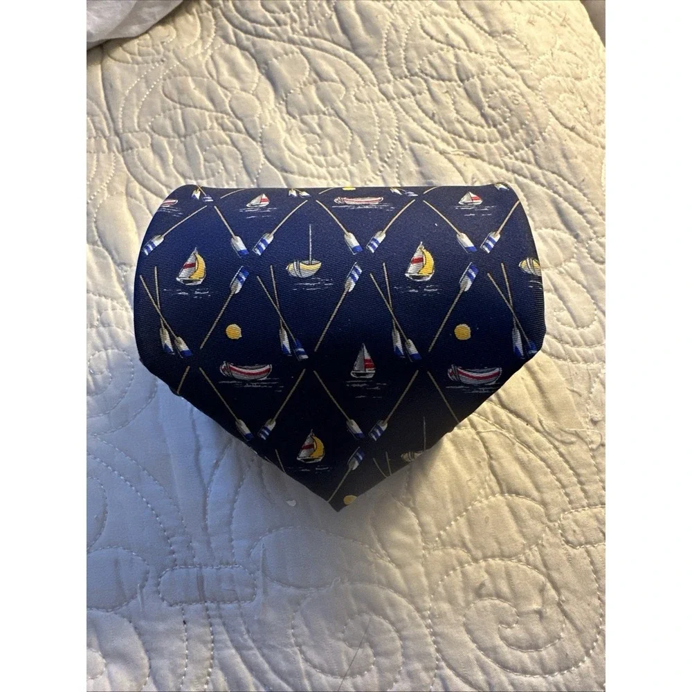 Banana Republic Tie Sailboat & Oars 100% Silk Italy Men Blue Nautical Necktie
